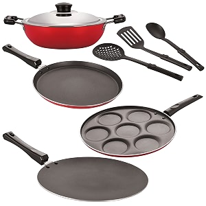 nirlon nonstick coated aluminium 7 pcs set of concave tawa-285cmdeep kadhai-22cmuttapam-7 cavityflat tawa-27cm amp 3 spoon 26mm_ct12_dkdm_up7_ft12_3spn