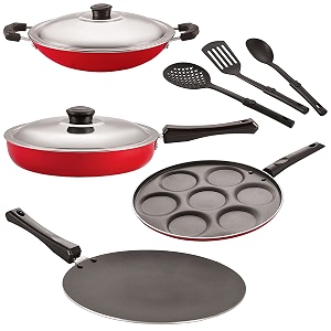 nirlon nonstick coated aluminium 7 pcs set of concave tawa-285cmfry pan-24cmappachatti-225cmuttapam-7 cavity amp 3 spoon 26mm_ct12_fp12_chatti_up7_3spn