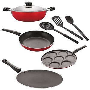 nirlon nonstick coated aluminium 7 pcs set of concave tawa-285cmdeep kadhai-22cmtapper pan-22cmuttapam-7 cavity amp 3 spoon 26mm_ct12_dkdm_tp_up7_3spn