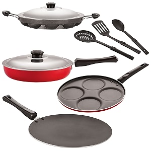 nirlon nonstick coated aluminium 7 pcs set of concave tawa-285cmfry pan-24cmappam-12 cavityuttapam-4 cavity amp 3 spoon 26mm_ct12_fp12_ap12_up4_3spn