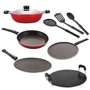 nirlon nonstick coated aluminium 7 pcs set of concave tawa-285cmdeep kadhai-22cmtapper pan-22cmsmart tawa-265cm amp 3 spoon 26mm_ct12_dkdm_tp_st11_3spn