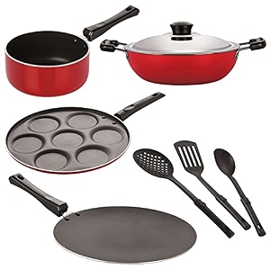 nirlon nonstick coated aluminium 7 pcs set of concave tawa-285cmfry pan-24cmappachatti-225cmuttapam-4 cavity amp 3 spoon 26mm_ct12_fp12_chatti_up4_3spn