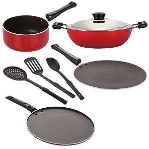 nirlon nonstick coated aluminium 7 pcs set of concave tawa-285cmdeep kadhai-22cmsauce pan-18cmsmart tawa-29cm amp 3 spoon 26mm_ct12_dkdm_spb_st12_3spn