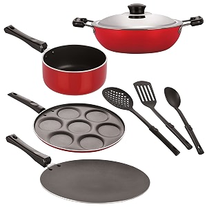 nirlon nonstick coated aluminium 7 pcs set of concave tawa-285cmdeep kadhai-22cmsauce pan-16cmuttapam-7 cavity amp 3 spoon 26mm_ct12_dkdm_spm_up7_3spn