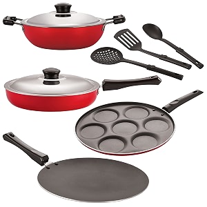 nirlon nonstick coated aluminium 7 pcs set of concave tawa-285cmdeep kadhai-22cmuttapam-7 cavityfry pan-24cm amp 3 spoon 26mm_ct12_dkdm_up7_fp12_3spn