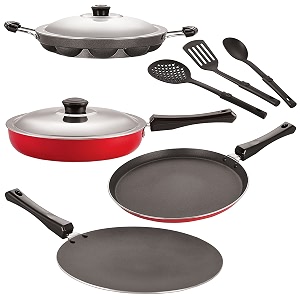nirlon nonstick coated aluminium 7 pcs set of concave tawa-285cmfry pan-24cmappam-12 cavityflat tawa-27cm amp 3 spoon 26mm_ct12_fp12_ap12_ft12_3spn