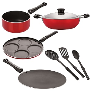 nirlon nonstick coated aluminium 7 pcs set of concave tawa-285cmdeep kadhai-22cmsauce pan-18cmuttapam-4 cavity amp 3 spoon 26mm_ct12_dkdm_spb_up4_3spn