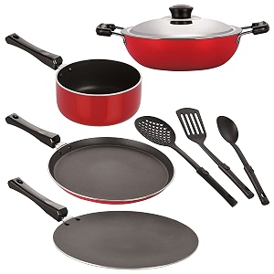 nirlon nonstick coated aluminium 7 pcs set of concave tawa-285cmdeep kadhai-22cmsauce pan-16cmflat tawa-27cm amp 3 spoon 26mm_ct12_dkdm_spm_ft12_3spn