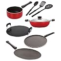 NIRLON Nonstick Coated Aluminium 7 Pcs Set of Concave Tawa-28.5cm,Deep Kadhai-22cm,Sauce Pan-16cm,Smart Tawa-26.5cm &amp; 3 Spoon (2.6mm_CT12_DKDM_SPM_ST11_3SPN)