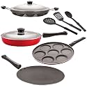 NIRLON Nonstick Coated Aluminium 7 Pcs Set of Concave Tawa-28.5cm,Fry Pan-24cm,Appam-12 Cavity,Uttapam-7 Cavity &amp; 3 Spoon (2.6mm_CT12_FP12_AP(12)_UP7_3SPN)