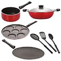 NIRLON Nonstick Coated Aluminium 7 Pcs Set of Concave Tawa-28.5cm,Deep Kadhai-22cm,Sauce Pan-18cm,Uttapam-7 Cavity &amp; 3 Spoon (2.6mm_CT12_DKDM_SPB_UP7_3SPN)