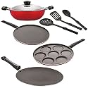 NIRLON Nonstick Coated Aluminium 7 Pcs Set of Concave Tawa-28.5cm,Deep Kadhai-22cm,Uttapam-7 Cavity,Smart Tawa-29cm &amp; 3 Spoon (2.6mm_CT12_DKDM_UP7_ST12_3SPN)