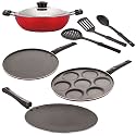 NIRLON Nonstick Coated Aluminium 7 Pcs Set of Concave Tawa-28.5cm,Deep Kadhai-22cm,Uttapam-7 Cavity,Smart Tawa-26.5cm &amp; 3 Spoon (2.6mm_CT12_DKDM_UP7_ST11_3SPN)