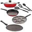 NIRLON Nonstick Coated Aluminium 7 Pcs Set of Concave Tawa-28.5cm,Deep Kadhai-22cm,Uttapam-7 Cavity,Tapper Pan-24cm &amp; 3 Spoon (2.6mm_CT12_DKDM_UP7_TP24_3SPN)