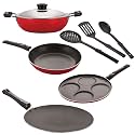NIRLON Nonstick Coated Aluminium 7 Pcs Set of Concave Tawa-28.5cm,Deep Kadhai-22cm,Tapper Pan-22cm,Uttapam-4 Cavity &amp; 3 Spoon (2.6mm_CT12_DKDM_TP_UP4_3SPN)