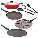 NIRLON Nonstick Coated Aluminium 7 Pcs Set of Concave Tawa-28.5cm,Deep Kadhai-22cm,Uttapam-7 Cavity,Flat Tawa-27cm &amp; 3 Spoon (2.6mm_CT12_DKDM_UP7_FT12_3SPN)