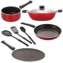 NIRLON Nonstick Coated Aluminium 7 Pcs Set of Concave Tawa-28.5cm,Deep Kadhai-22cm,Sauce Pan-18cm,Tapper Pan-24cm &amp; 3 Spoon (2.6mm_CT12_DKDM_SPB_TP24_3SPN)