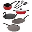 NIRLON Nonstick Coated Aluminium 7 Pcs Set of Concave Tawa-28.5cm,Deep Kadhai-22cm,Sauce Pan-16cm,Smart Tawa-29cm &amp; 3 Spoon (2.6mm_CT12_DKDM_SPM_ST12_3SPN)