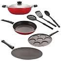NIRLON Nonstick Coated Aluminium 7 Pcs Set of Concave Tawa-28.5cm,Deep Kadhai-22cm,Tapper Pan-22cm,Uttapam-7 Cavity &amp; 3 Spoon (2.6mm_CT12_DKDM_TP_UP7_3SPN)
