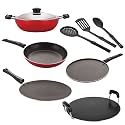 NIRLON Nonstick Coated Aluminium 7 Pcs Set of Concave Tawa-28.5cm,Deep Kadhai-22cm,Tapper Pan-22cm,Smart Tawa-26.5cm &amp; 3 Spoon (2.6mm_CT12_DKDM_TP_ST11_3SPN)