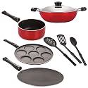 NIRLON Nonstick Coated Aluminium 7 Pcs Set of Concave Tawa-28.5cm,Deep Kadhai-22cm,Sauce Pan-16cm,Uttapam-7 Cavity &amp; 3 Spoon (2.6mm_CT12_DKDM_SPM_UP7_3SPN)