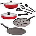 NIRLON Nonstick Coated Aluminium 7 Pcs Set of Concave Tawa-28.5cm,Deep Kadhai-22cm,Uttapam-7 Cavity,Fry Pan-24cm &amp; 3 Spoon (2.6mm_CT12_DKDM_UP7_FP12_3SPN)