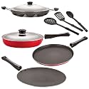 NIRLON Nonstick Coated Aluminium 7 Pcs Set of Concave Tawa-28.5cm,Fry Pan-24cm,Appam-12 Cavity,Flat Tawa-27cm &amp; 3 Spoon (2.6mm_CT12_FP12_AP(12)_FT12_3SPN)