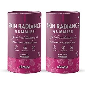 nirvasa skin radiance gummies orange flavour with marine collagen hyaluronic acid amp vitamin c  skin collagen booster for radiant amp glowing skin  sugar-free for men amp women - 60 gummies set of 2