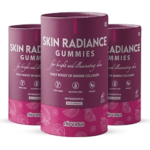 nirvasa skin radiance gummies orange flavour with marine collagen hyaluronic acid amp vitamin c  skin collagen booster for radiant amp glowing skin  sugar-free for men amp women - 60 gummies set of 3