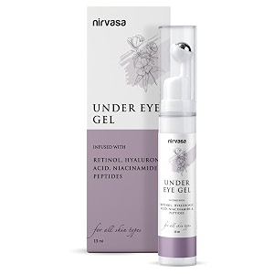 nirvasa under eye gel cream with roll-on 15ml  with hyaluronic acid peptides amp more  reduces dark circles puffiness amp fine lines  restores moisture amp firms skin  for all skin types  pack of 1