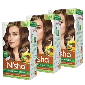 nisha cream hair color rich bright long lasting hair colouring for ultra soft deep shine 100 grey coverage conditioning with natural herbs golden brown pack of 3