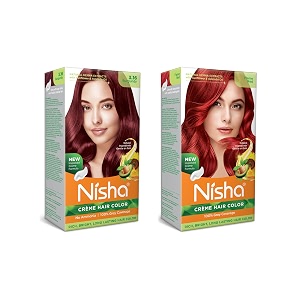 nisha creme hair color combo pack burgundy amp flame red rich bright long lasting shine hair colour 60gm  90ml  18ml nisha conditioner