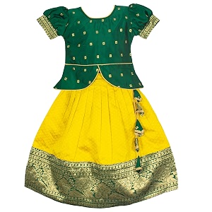 Girls Readymade Green and Yellow Woven Lehenga