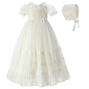 baby newborn delicate lace baptism embroidered christening gown with bonnet for 0-12 months
