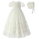 Baby Newborn Delicate Lace Baptism Embroidered Christening Gown with Bonnet for 0-12 Months