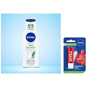 nivea body lotion aloe hydration with aloe vera for instant hydration in summer for men amp women 200 ml amp nivea lip balm fruity strawberry shine 48g