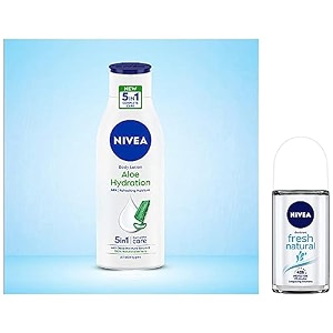 nivea body lotion aloe hydration with aloe vera for instant hydration in summer for men amp women 200 ml amp nivea deodorant roll on fresh natural for unisex 50ml