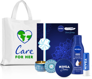 nivea gift set with cocoa body lotion lip balm scented candle creme tote bag combo 5 items in the set
