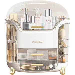 niyam makeup organiser storage box for countertop cosmetics skincare and beauty case with clear led display for easy visibility and drawers for vanity dresser retro lipstick holder gold st box
