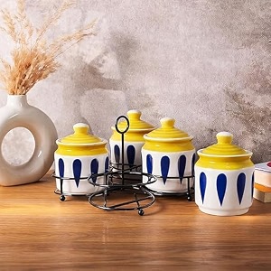 niyara multipurpose storage ceramic pickle set jars with lid amp tray set of 4 300 ml blue line pickle