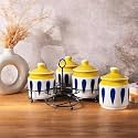 Niyara Multipurpose Storage Ceramic Pickle set Jars with Lid &amp; tray (Set of 4, 300 ml) (Blue Line Pickle)