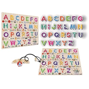 alphabets peg puzzle  26-piece wooden abc puzzle for toddlers  educational learning toy for kids ages 2  colorful letters with peg handles  fun amp interactive - with characters