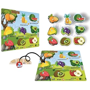 colorful fruit peg puzzle for toddlers 9-piece wooden puzzle with peg handles  educational learning toy for kids ages 2  teach fruits vitamins and minerals shapes motor skills  gift