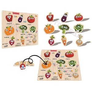 fruit peg puzzle for toddlers 9-piece wooden puzzle with peg handles  educational learning toy for kids ages 2  teach fruits vitamins and minerals shapes motor skills  montessori gift