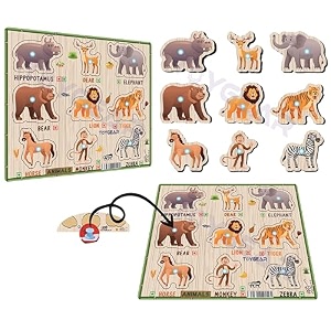 jungle animals peg puzzle  9 - piece wooden animal puzzle with pegs  fun learning toy for toddlers  teach jungle animals amp enhance motor skills - fun amp interactive animal learning toy