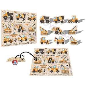 wooden construction vehicles peg puzzle  9-piece educational toy set  bulldozer excavator crane amp more  learning puzzle for toddlers and preschool kids ages 2 constructionvehicles