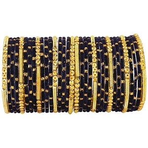 nmii fancy glass golden beads amp polka dots velvet bangles set for women and girls  stylish designer bangles  glass chudi  women39s fashion jewellery-set of 34
