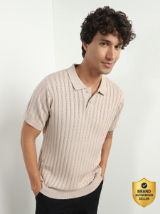 NOBERO Self Design Men Polo Neck Beige