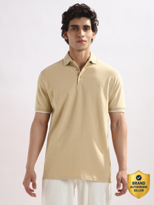 NOBERO Solid Men Polo Neck Beige T-Shirt