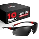 NoCry Work and Sports Safety Sunglasses with Green Tinted Scratch Resistant Wrap-Around Lenses and No-Slip Grips, UV 400 Protection. Adjustable, Black &amp; Red Frames (10 pack)